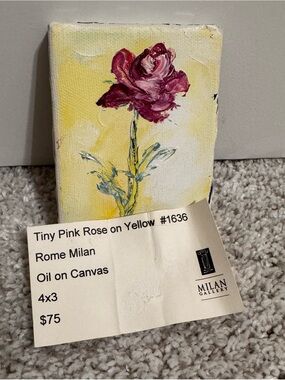 Tiny Pink Rose on Yellow Oil Painting